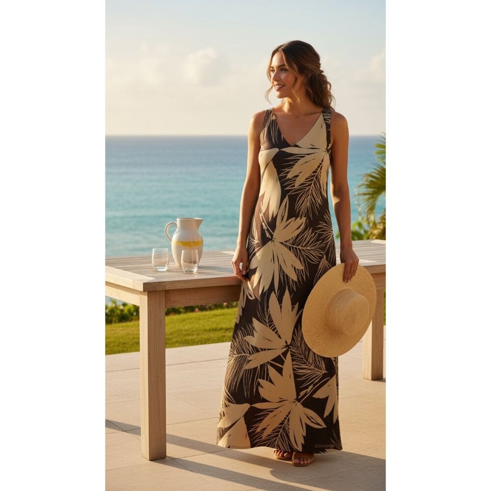 Z Supply Sleeveless Maxi Dress Beige & Brown Tropical Print Polyester L